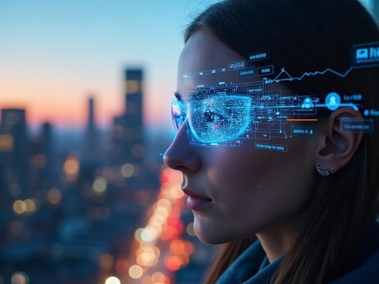 Smart financial assistant in augmented reality contact lens interface. Live market insights overlay on urban skyline at twilight. Focus on a woman with glasses and city lights in background.