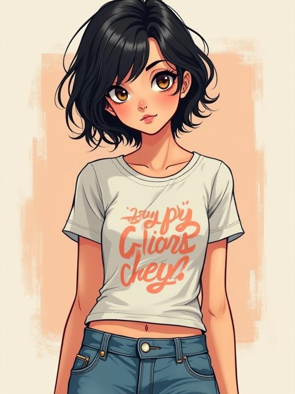 Upper body portrait of a teenage girl with hazel eyes and messy short dark hair. Slim figure with a graphic t-shirt and denim shorts. Soft and diffused lighting with smooth comic book style illustration.