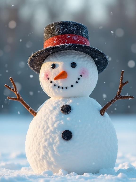 Female snowman with a stylish hat in a snowy landscape. The snowman has a friendly smile and is adorned with a black and red hat. Snow is falling around, creating a festive atmosphere.