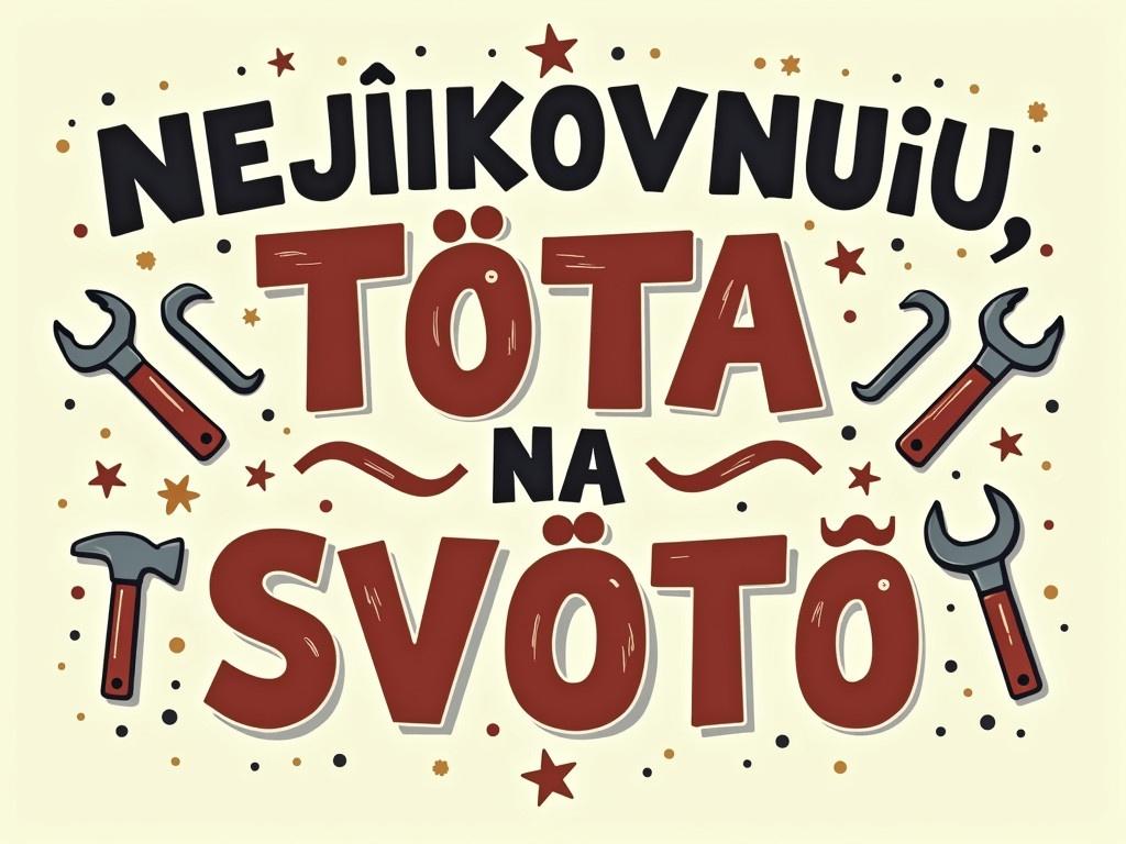 Create an image featuring the text "NEJŠIKOVNĚJŠÍ TÁTA NA SVĚTĚ" in a bold, eye-catching font. The design should have a playful and dedicated feel, reflecting the pride and love of a father. Incorporate illustrations of common tools like hammers and wrenches to emphasize the handyman theme. The color scheme should be warm and inviting, using shades that represent a cozy home environment. Add accents that suggest creativity and helpfulness, making it clear that this is a tribute to the best dad.