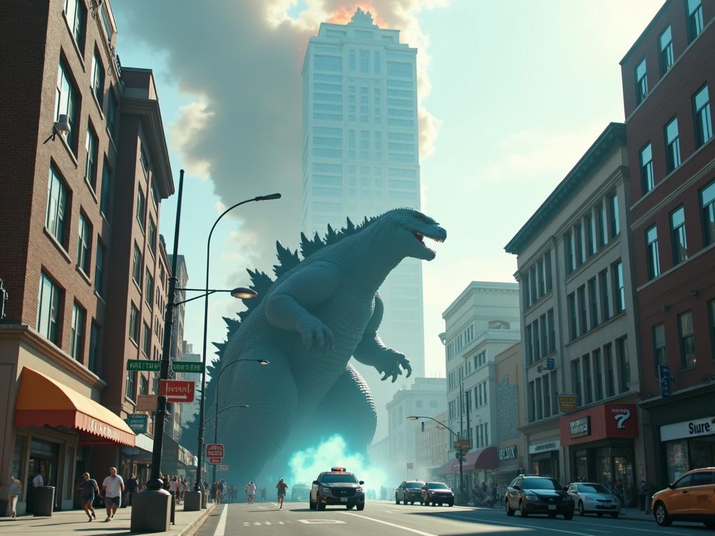 Cinematic street view of a huge grey Godzilla towering 350 ft. Godzilla exhales blue glowing breath at a skyscraper causing explosions. People flee in panic, cars are on the road. Stores and signs are visible. Ash and debris fall around. Smoke and fog fill the sky along with sunlight and a blue backdrop. Shadows and detailed textures add realism to the scene.