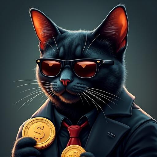 Meme coin cartoon theme featuring a serious black cat. Cat wearing dark sunglasses and holding cash. Has a confident demeanor. Background displays laser effects.