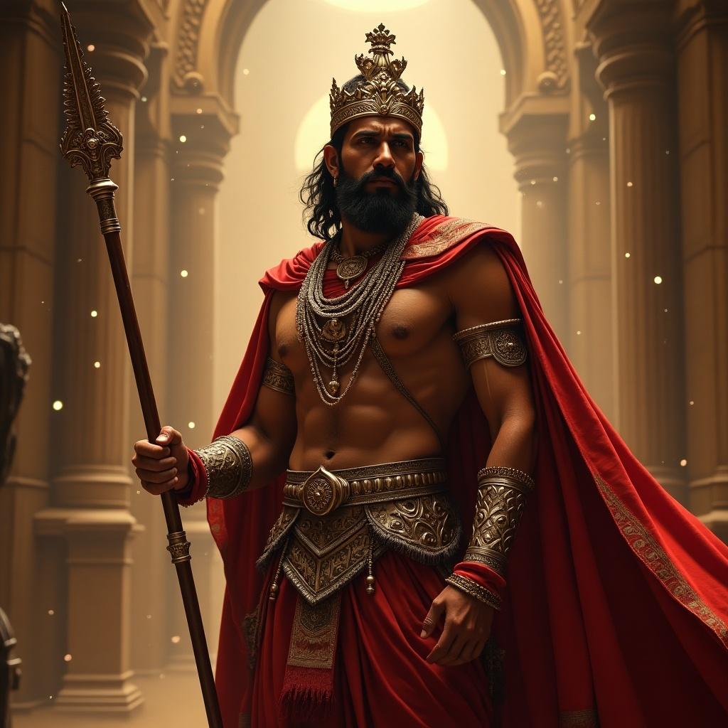 Indian king wearing traditional royal attire with a spear. The atmosphere is regal and powerful. A majestic setting with warm lighting enhances the king's presence. The attire includes intricate patterns and golden elements.