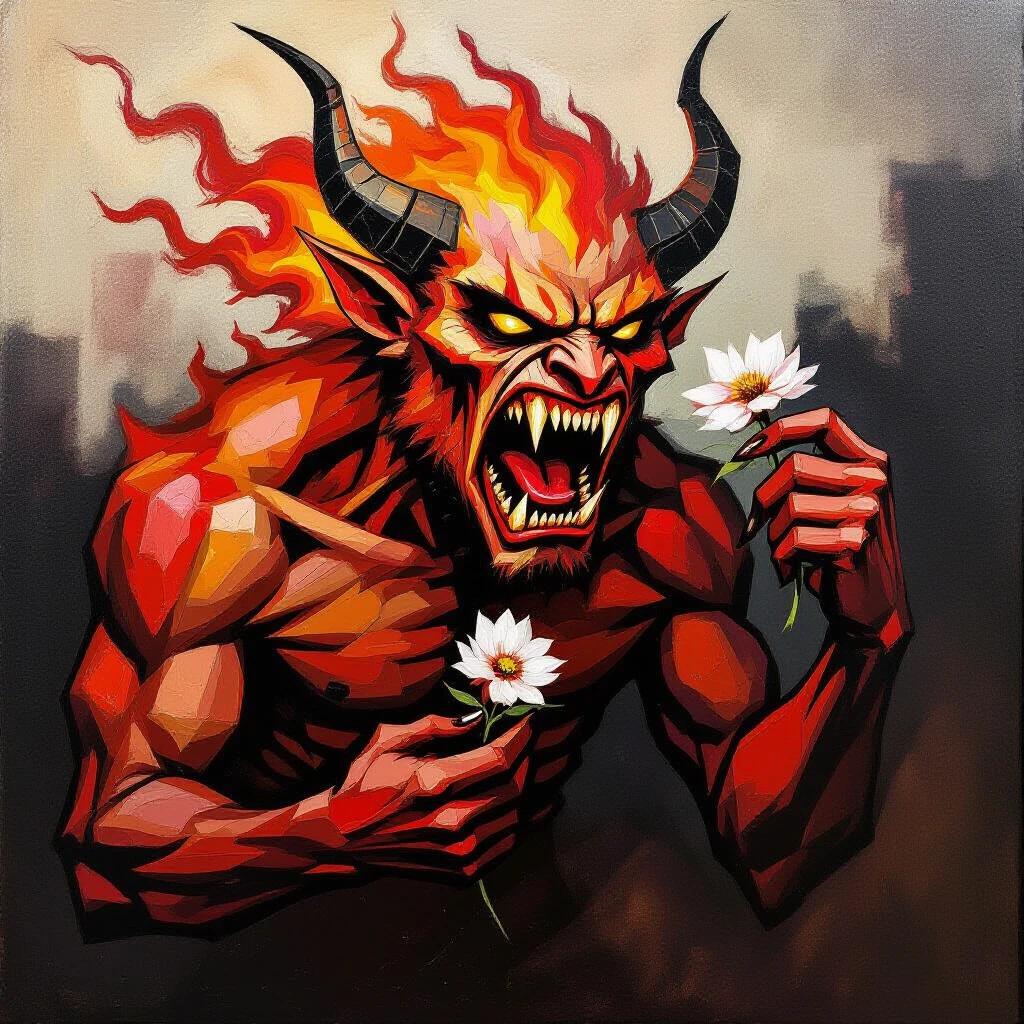A furious beast mid-roar with twisted fangs like broken glass. Body made of red brushstroke flames and fragmented shapes. Violently expressive posture. In its claws, a delicate blooming flower held with tenderness. Heavy emotional contrast with raw gestural strokes. Dramatic lighting creates chaos in composition. Oil on canvas texture with bold colors.