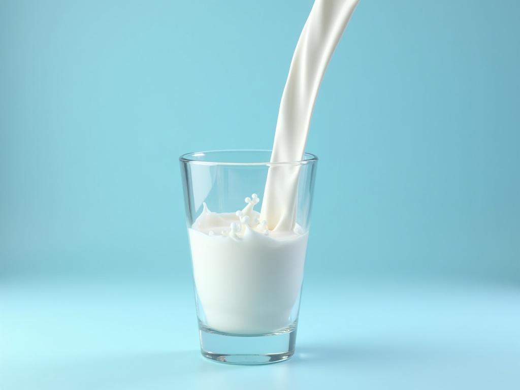 Realistic studio photograph of a clear glass tumbler half-filled with milk on a soft blue background. The glass is slightly tilted. A steady stream of milk pours into the glass, creating a gentle ripple. Lighting creates soft reflections and shadows. The scene is clean and minimalist without any props or text.