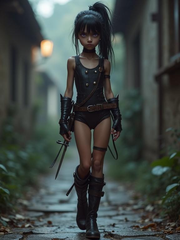 Photorealistic image of a teenage girl in a tight leather leotard. She has black hair in a loose ponytail and pale skin. Her expression is annoyed, with vibrant purple eyes. She walks through a dark village alley, wearing a curved sword on her belt and knee-high boots.
