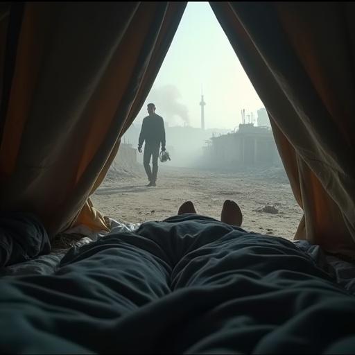 A POV shot from inside a makeshift tent in Gaza shows hands and legs. The scene transitions as the figure of a man rises up. The blanket is moved aside and the person stands at the tent entrance. Outside is a war-torn landscape. The lighting is gray and somber. Dust particles and soft sounds of distant explosions are present. The mood feels slow and reflective.