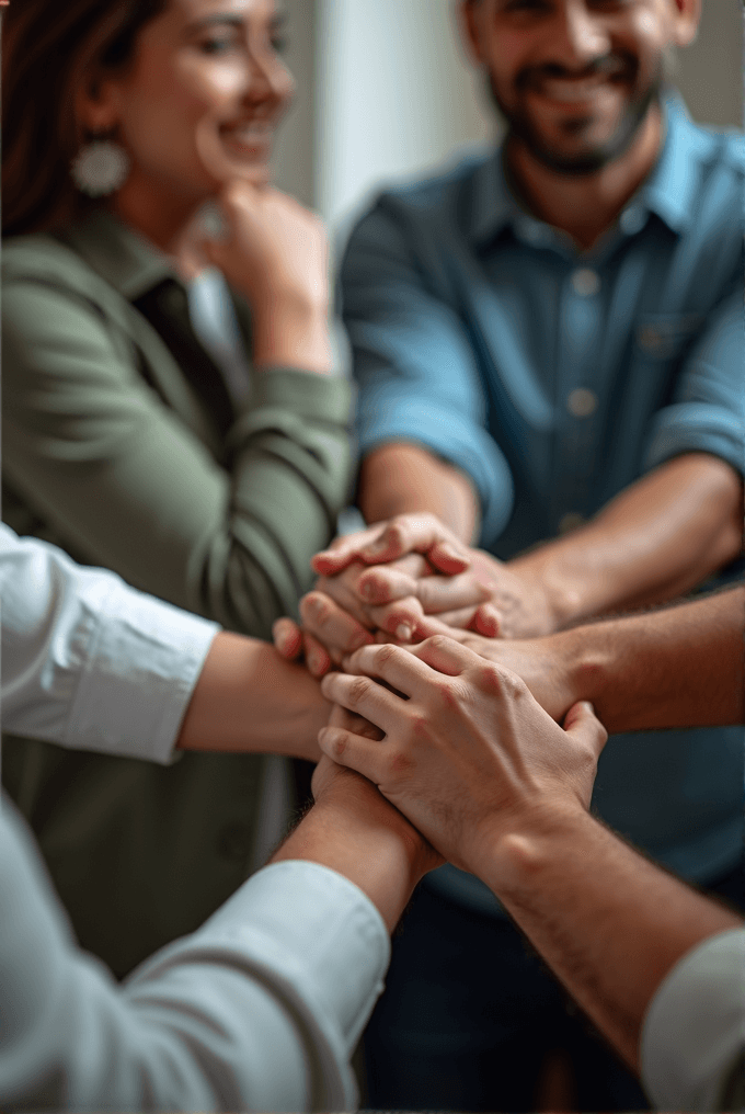 A close-up of people stacking their hands together, symbolizing teamwork and cooperation, with smiling individuals in the background.