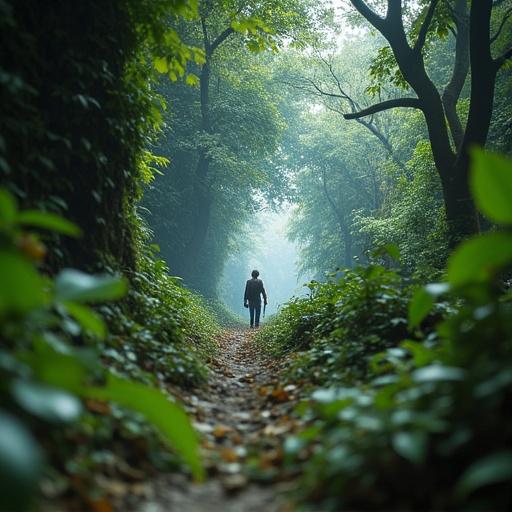 A person walks along a narrow path through a lush forest. The view is from a low angle, capturing the dense canopy above and the tranquility of the surroundings. Soft, diffused light beams filter through the trees, enhancing the peaceful atmosphere.