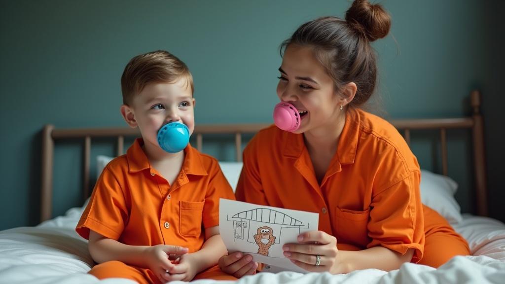 Mother and son sitting on bed in jail cell. Both wear orange jail jumpsuits and oversized pacifiers. Child has blue pacifier; mother has pink pacifier. They are happy and spending time together. Son shows mother his drawing of them behind bars. Mother shares her childhood drawing from when she was in jail. Indicates being sentenced to jail at the age of 8 years old as a family tradition.