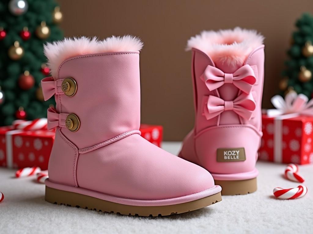 This image features a pair of pink ugg type shoes made from leather, branded as Kozy Belle. The boots are adorned with bows on the side, adding a charming detail. They are placed in a festive Christmas setting, surrounded by colorful presents and candy canes. The background showcases Christmas trees, emphasizing a holiday theme. The boots are displayed in a front, back, and side view, capturing their design and style.