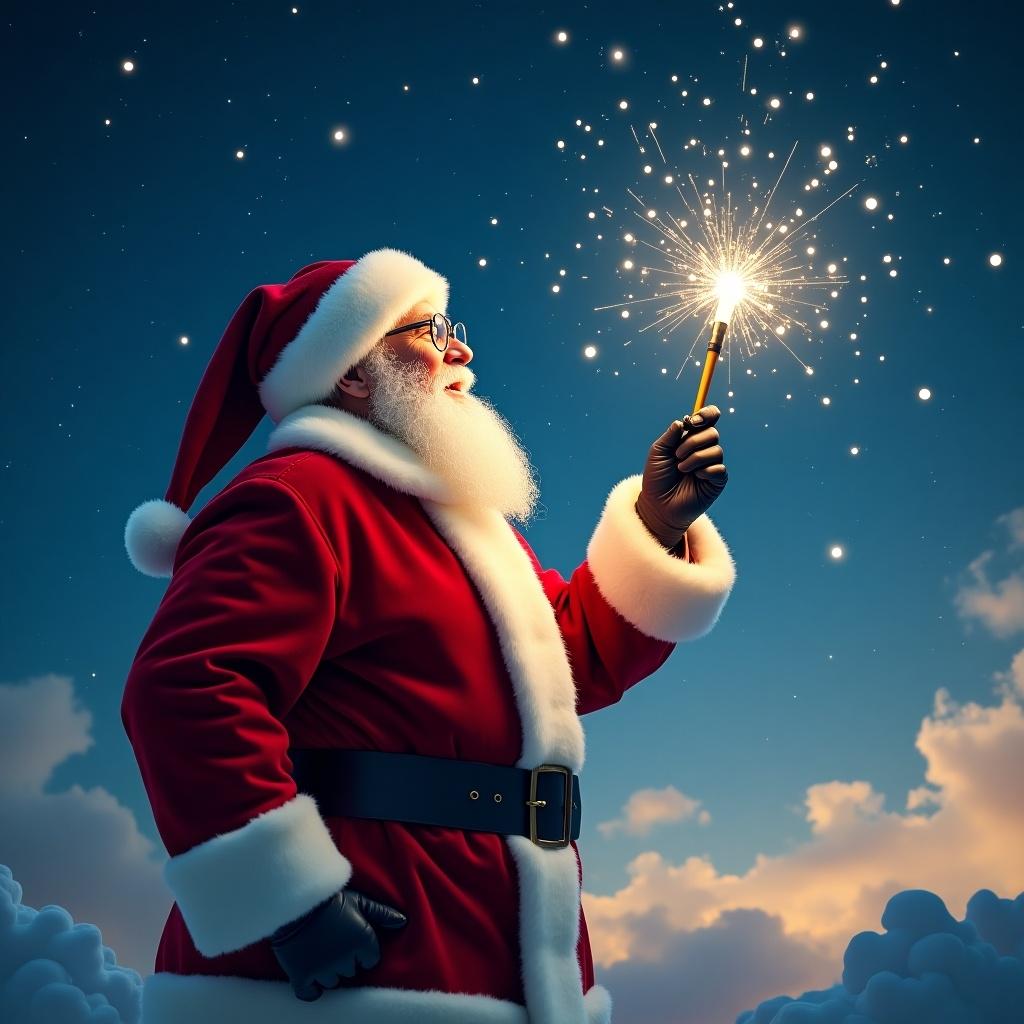 Santa Claus is outdoors. He holds a sparkling wand. The sky is bright and starry. He is writing something in the sky.