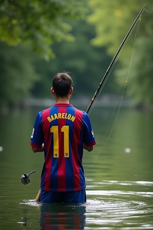 Individual fishing in a lake wearing FC Barcelona jersey number 11. Standing in water with fishing rod. Green natural environment surrounds.