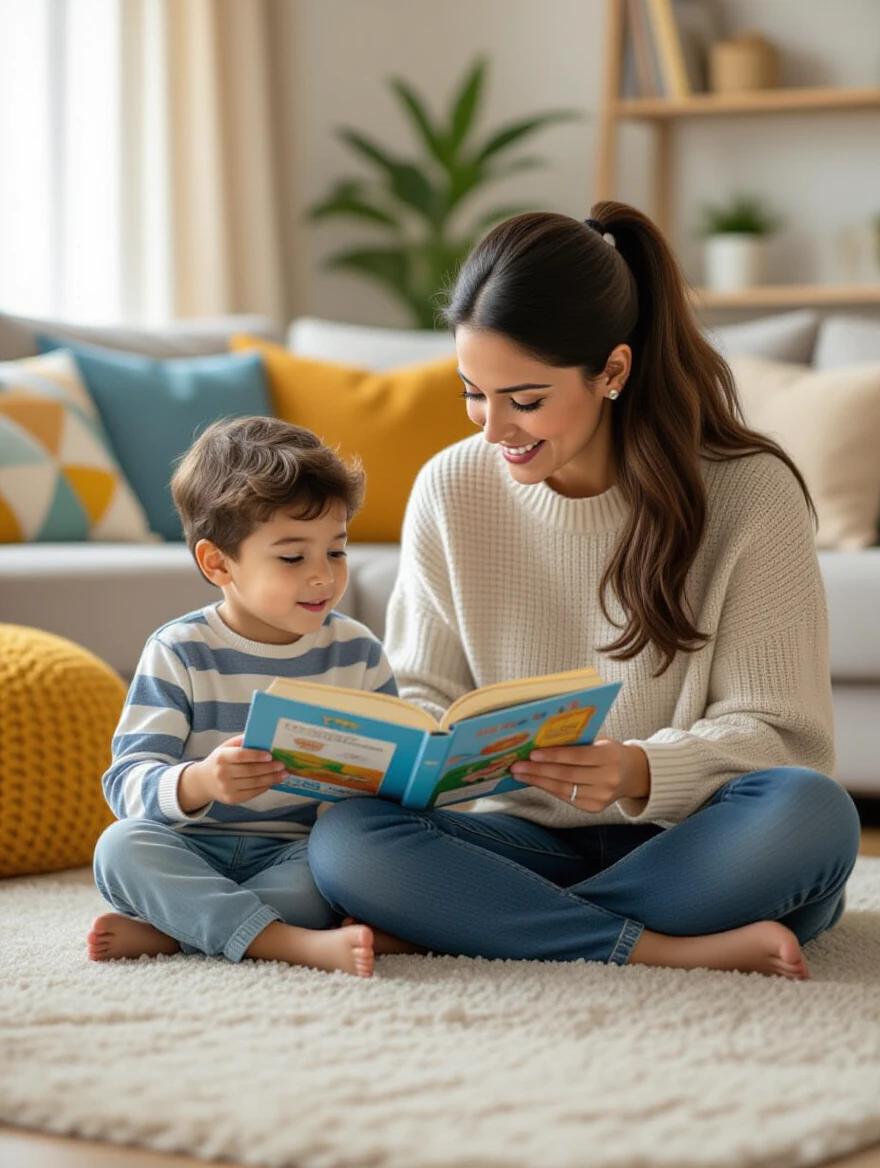 Mother and young son sit on living room floor reading a book. Mother points to pictures in the book. Child listens attentively. Room decorated with colorful pillows and a soft rug. High-quality photography, natural and beautiful colors.