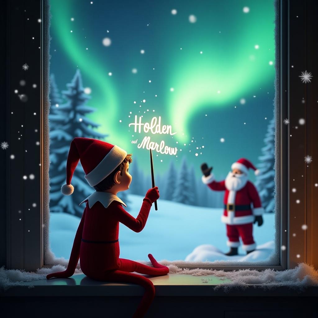 The image features an elf on the shelf, positioned with his back to the viewer, gazing up at a magical winter scene. He holds a wand, using it to write ‘Holden and Marlow’ in glowing light. In the background, Santa Claus can be seen amid a snow-covered landscape. The sky is illuminated by vibrant northern lights, adding a whimsical touch to the atmosphere. The window frame suggests a cozy indoor setting for this festive portrait. Snowflakes can be seen in the foreground, enhancing the holiday magic.