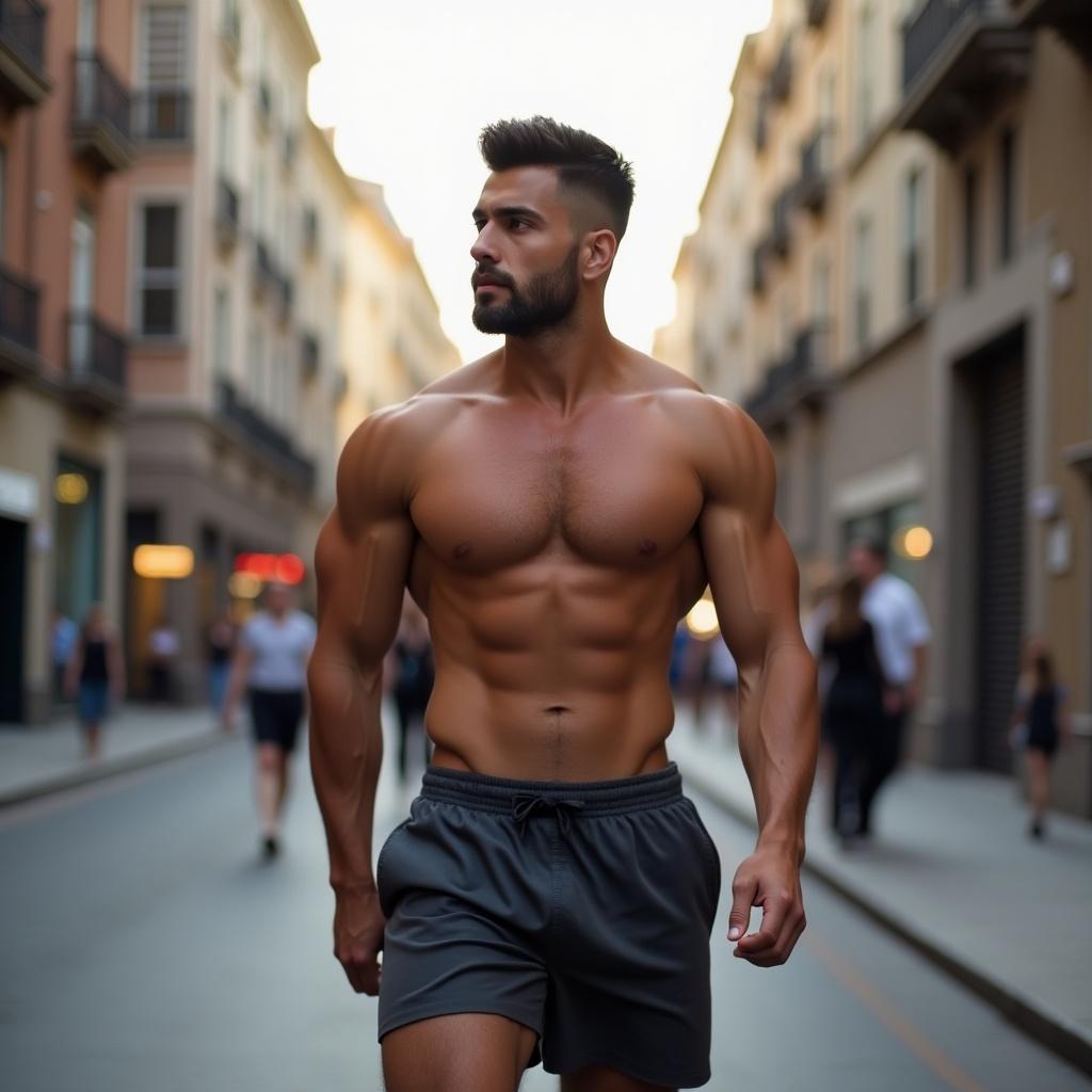 Male figure walking down the street confidently. Focus on muscular physique. Urban environment with soft lighting.