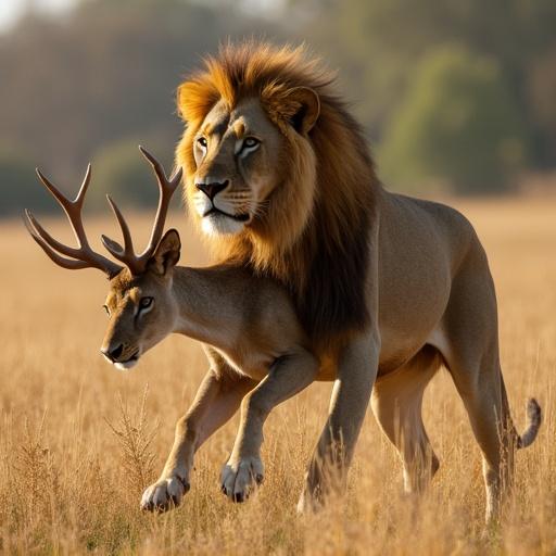 Close-up of a lion and a deer standing together in a field. The lion has a majestic pose and the deer appears calm. Warm sunlight covers the grassy landscape.