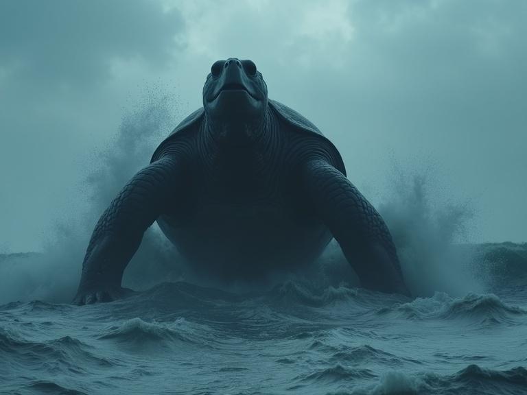 Dark cinematic scene featuring a giant turtle emerging from the ocean. The turtle is realistic and dark greyish blue in color. The camera angle is low, looking up at the turtle, which has a thick textured shell and tusked mouth. Waves crash around it, mist and foam rise, with stormy weather in the background.