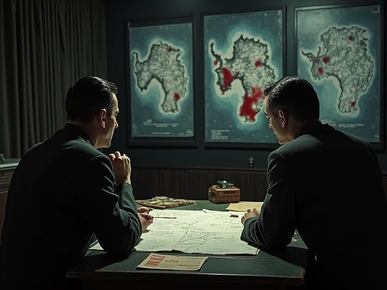 Military intelligence officers analyze maps in a war room. Two officers look at red-marked maps. A desk holds scattered documents with TOP SECRET stamps. The scene is shadowy and tense.