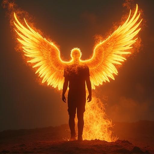 A man with glowing phoenix wings in a long shot.