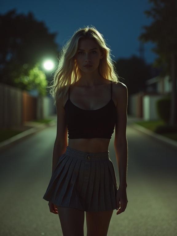 A blonde woman walks alone at night in a dimly lit street in a neighborhood. She wears a mini pleated skirt and tank top. Her beautiful face is highlighted by subtle streetlight. The scene conveys an eerie but captivating atmosphere.