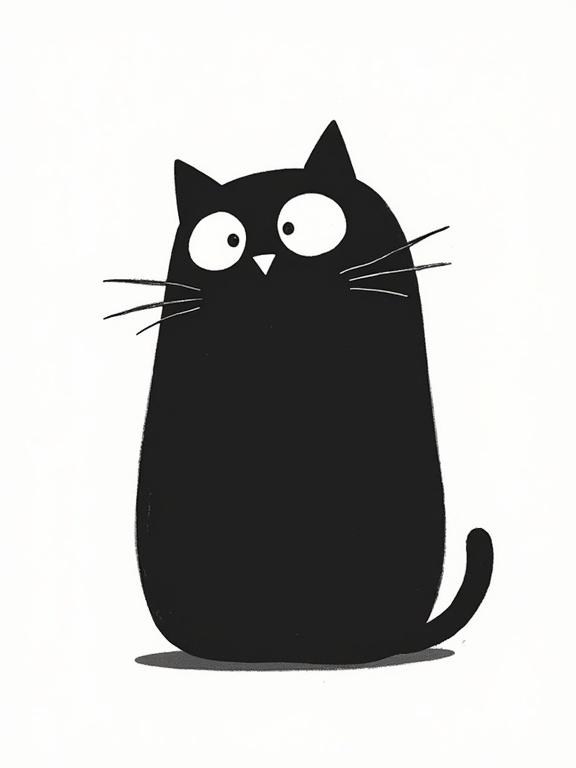 Minimalist ink-style cartoon drawing of a black cat. Bold contrast with simple lines. High quality and detail. Chubby teardrop shape with exaggerated round eyes. Surprised expression with tiny nose and mouth. Whiskers in playful strokes. Clean and expressive style. Hand-drawn authenticity. Stark black silhouette on white background.