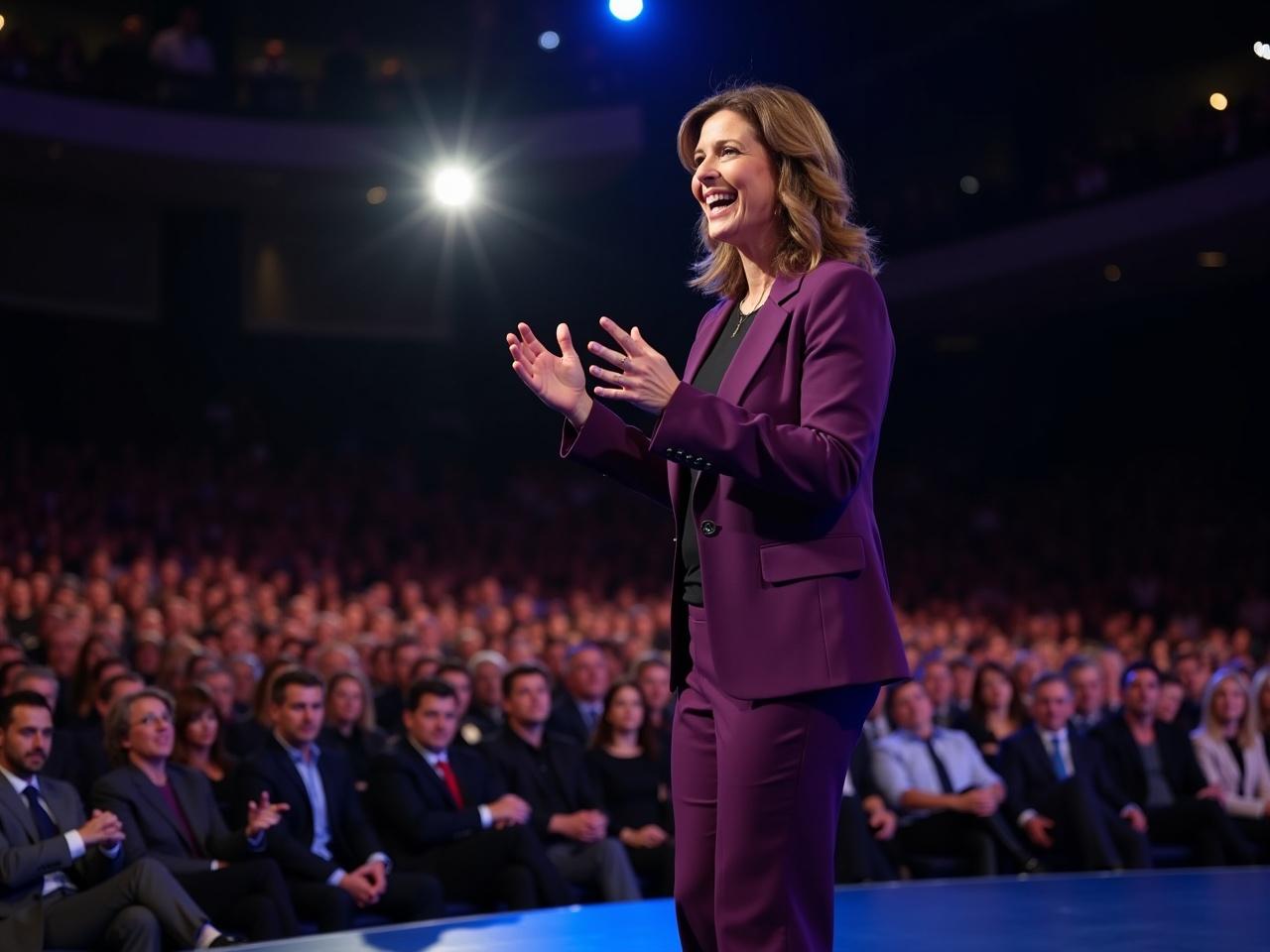 A 44-year-old woman is speaking at a live event. She wears a deep purple suit paired with black pumps and a black t-shirt. With enthusiasm and passion, she engages with her audience, drawing them into her message. The foreground is lively with bright stage lights illuminating the scene. Behind her is a large crowd, amplifying the energetic atmosphere of the event. The setting feels vibrant and dynamic, showcasing her connection with the attendees.