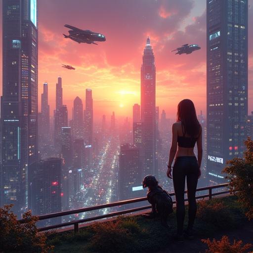 Futuristic cityscape at sunset. Skyscrapers with neon lights and holographic billboards. Flying cars in the sky. Young woman in cyberpunk outfit on balcony. Robotic companion by her side. Vibrant sky with orange purple blue hues. Ultra-realistic style.