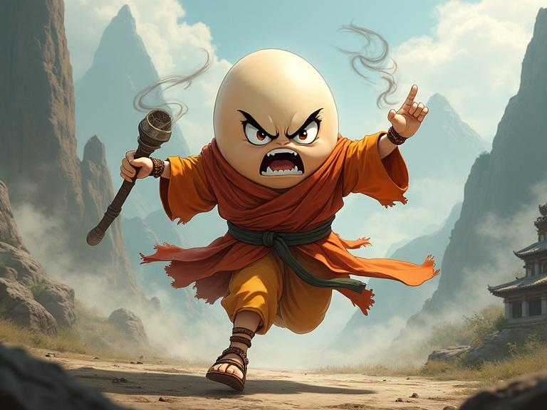 An anthropomorphic egg character styled as a fierce warrior monk. Wears a tattered orange robe and a sash. Displaying intense angry eyes and screaming while in an air kicking combat pose. Holds a staff and channels chi energy with swirling wind around him. Background features misty mountains and ancient temple ruins. Hyperdetailed anime style.
