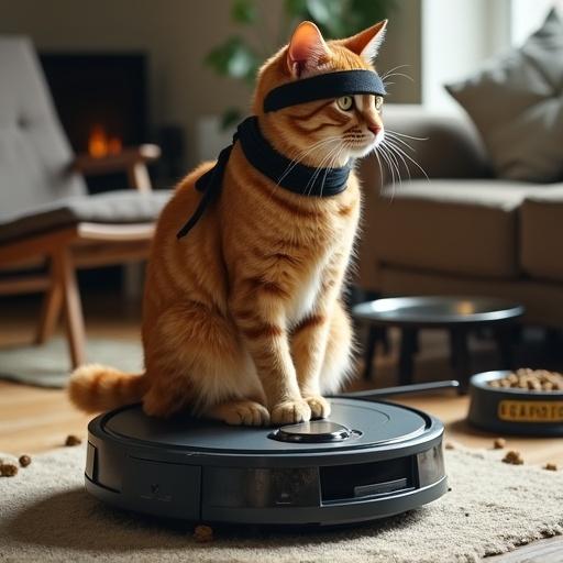 A realistic photo of a confident ginger ninja cat in a black headband atop a robot vacuum. The cat holds a katana in its front paw, with its tail wrapped around the vacuum. The background is a modern living room with overturned furniture and a food bowl labeled 'Samurai'.