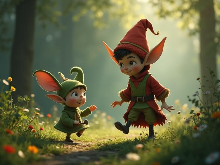 Two animated elf characters in a forest setting. One is running happily. The other is smiling. Background has sunlight and flowers. Elves have big ears and colorful outfits.