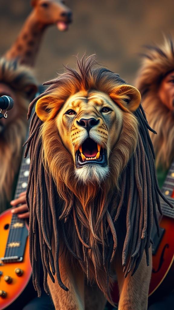 This image creatively blends fantasy and realism, featuring three anthropomorphic animals playing musical instruments. The central figure, a lion with a majestic mane resembling dreadlocks, is flanked by two other animals holding guitars. The background is a subtle gradient, placing focus on the vibrant musicians. The overall theme combines elements of wildlife with a musical motif, invoking a sense of whimsy and creativity.