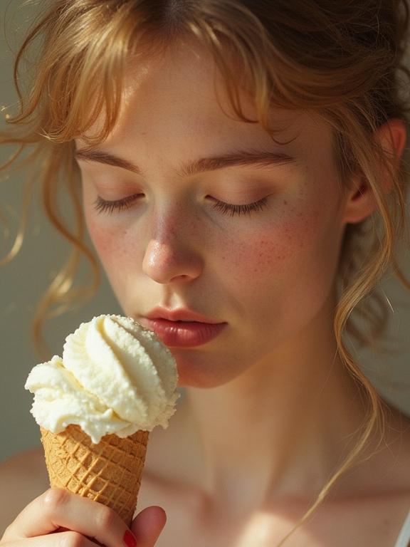 A young girl holds a melting ice cream cone in a soft sunlight setting. The focus is on the ice cream dripping down her hand. She has freckled skin and closed eyes, creating a serene and dreamy vibe.