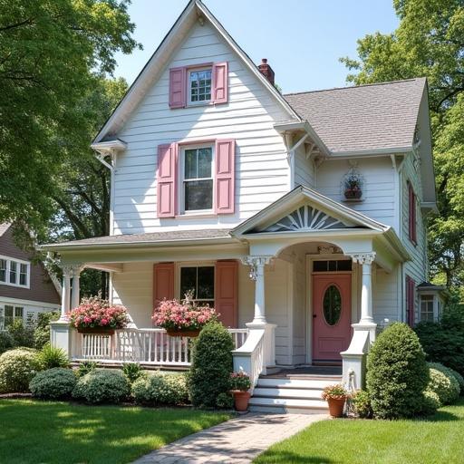 A beautiful white Queen Anne house features light pink shutters and flower boxes filled with light pink roses. The front door is light pink with an oval window. Light pink rose bushes adorn the garden along with a white cherub fountain and light pink hydrangea bushes. The home has a wrap around porch with a pink porch swing. The scene is bright and sunny with no shadows.
