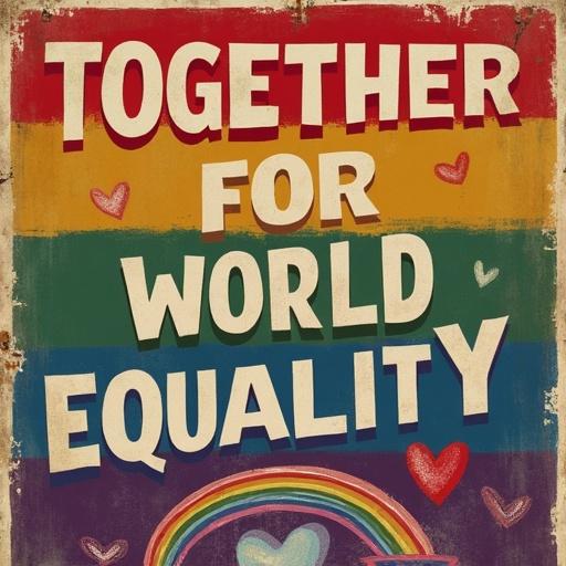 Vintage movie poster design with a title that emphasizes world equality. The typography is rainbow colored and decorated with hearts. Incorporates trans flag and pride flag elements. Features female and male symbols prominently. Style is photographic and hyper-realistic.