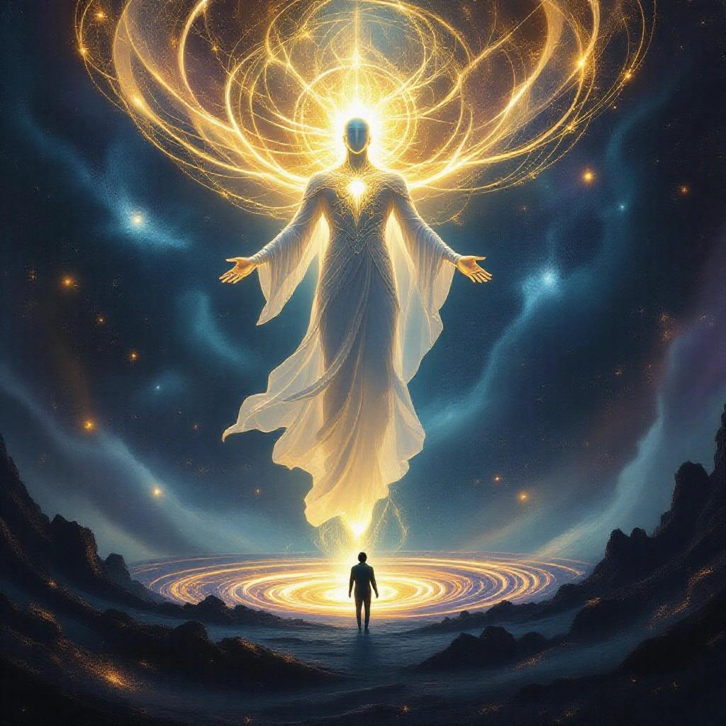 A divine figure made of golden and white light hovers above a dark vortex. The figure has no face and extends arms downward. Below, a man floats unconscious in magical light and symbols. The scene is cosmic with blue and violet energy. Floating particles and divine light connect the figure to the man. The atmosphere is sacred and transcendent.