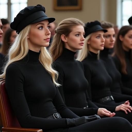 A group of women and their daughters are seated in a church wearing black outfits. They smile ironically, showing black shoes next to their chairs. The scene focuses on fashion and elegance within a communal setting.