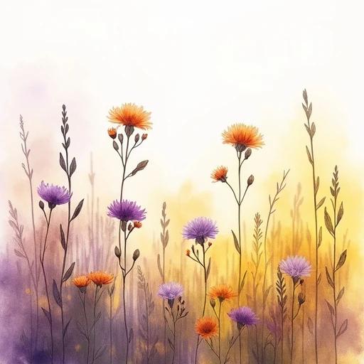 Watercolor painting of a meadow filled with wildflowers. Flowers blend into soft purple and yellow hues. Background is a gentle wash of color. Focus on delicate flower forms.