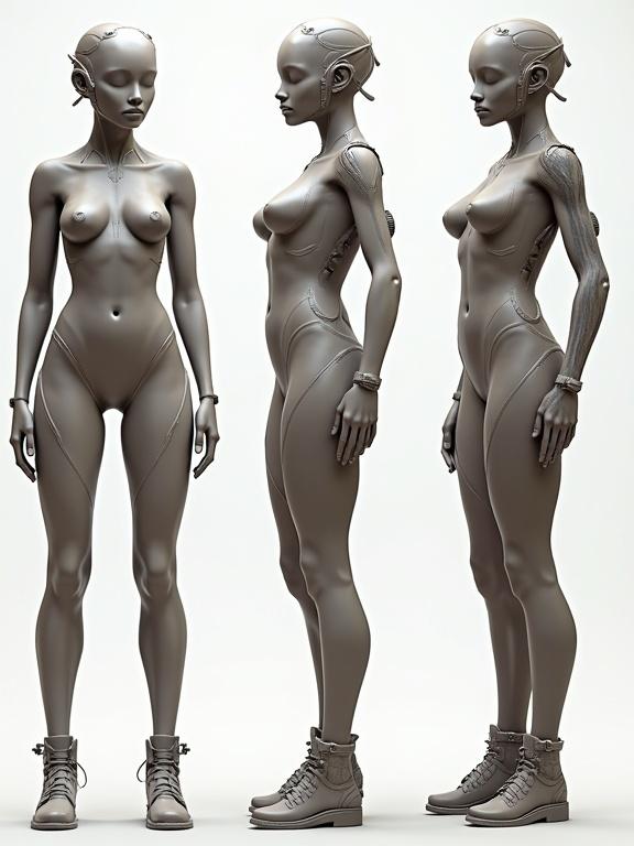 3D sculpt of a feminine female cyborg in an a-pose. Shows front, side, and back views. No clothing or accessories. Designed in ZBrush with clay render effect. Represents a standard rig pose.
