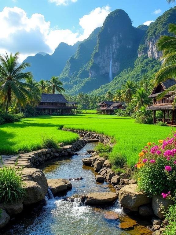 Breathtaking tropical landscape with rice paddies and wooden stilt houses. Small stream flows over smooth stones with vibrant flower beds along the side. Lush greenery and dramatic limestone mountain in the background. Bright blue sky with fluffy clouds. Traditional agricultural methods in harmony with nature.