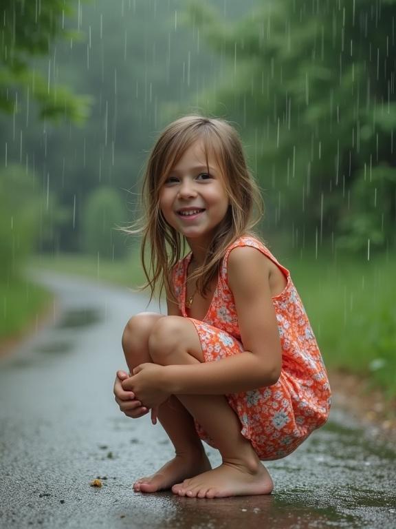 Photo of a joyful girl squatting in a sundress during rain. Background shows a winding road and green foliage. Raindrops falling.