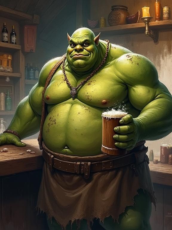 A fat ogre with green skin stands behind a bar in a tavern. He holds a wooden mug of ale and a rag. The ogre appears friendly. He is shirtless, wearing a filthy apron. The tavern looks dirty and cluttered. The artwork is in a semirealistic style with watercolor background. The atmosphere has a heroic epic vibe.