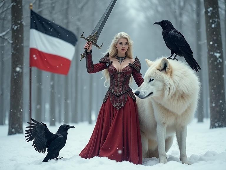 A woman stands in a snowy forest dressed in red armor and a matching dress. She has a sword raised above her head. A large white wolf sits beside her. A raven perches on the wolf’s head. Snow falls gently in a tranquil scene. A flag with black, white, and red flies behind her. The woman embraces the wolf. Another raven lands in front of them with wings spread.