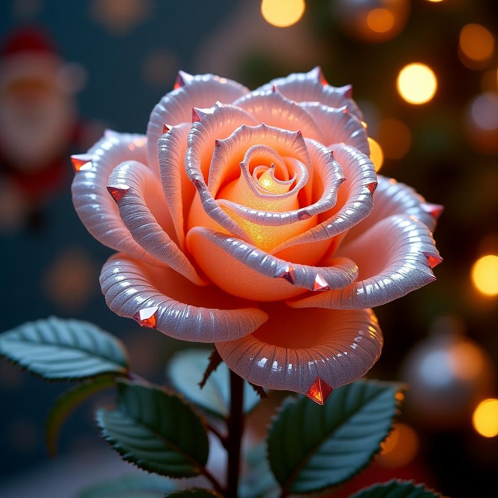 A glowing crystal rose with shimmering petals. Green leaves accompany the rose. Soft background with Christmas decorations.