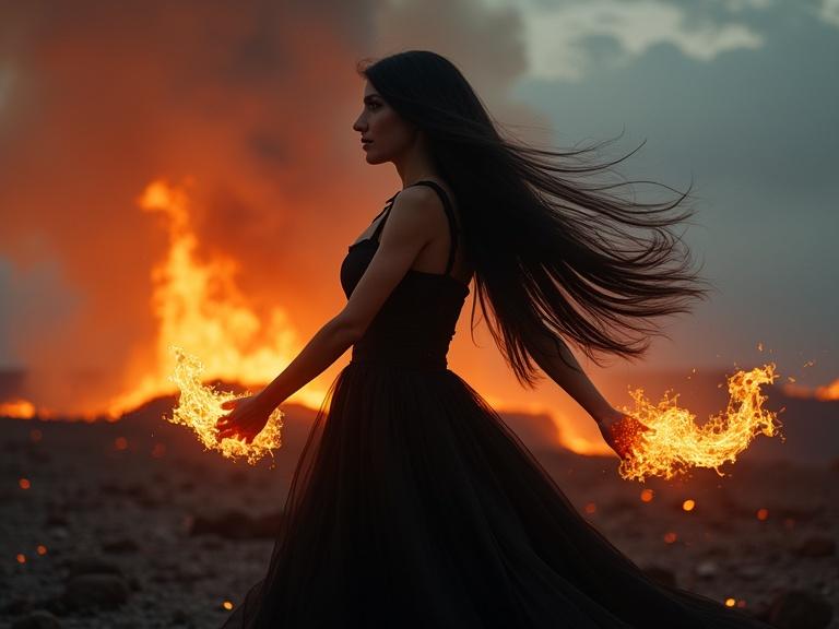 Realistic dark cinematic image of a woman with long straight black hair wearing a flowing black dress. She displays flaming pyrokinesis powers with fire in her hands. The setting is a volcanic landscape with smoke and glowing magma. Ash falls from the sky. Heat distortion is visible along with dark clouds.