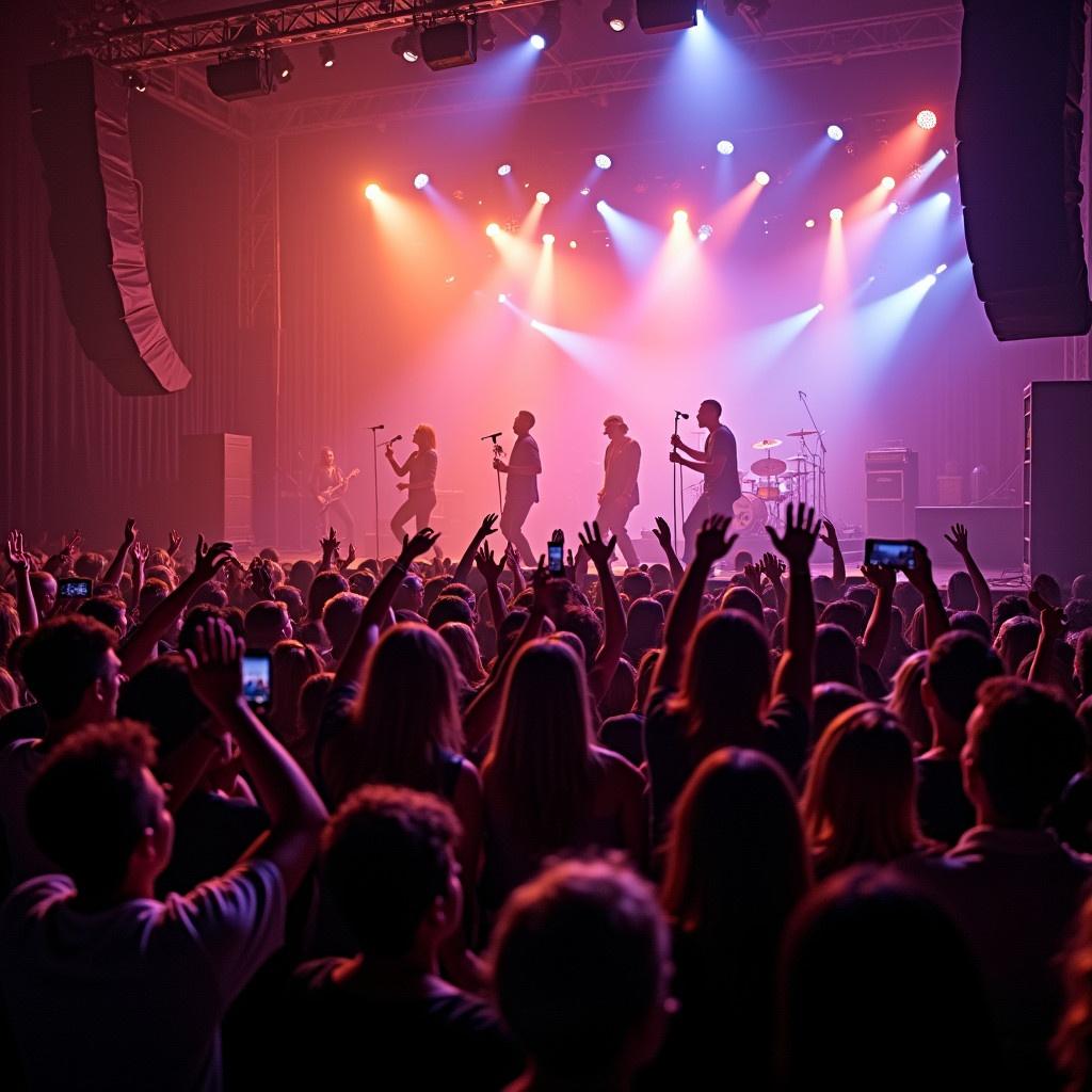 Capturing an electrifying concert atmosphere. The venue is packed with fans. Bright stage lights illuminate the performers. Energetic audience raises hands and holds phones. Confetti drifting through the air. Music resonates with loud cheer and singing.