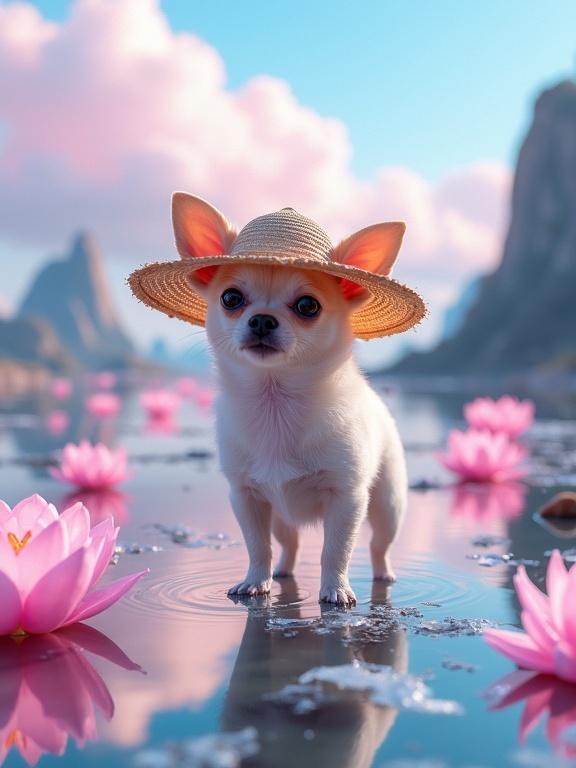 A tiny Chihuahua stands on a lake. The dog wears a straw hat. The lake reflects floating mountains. The sky is filled with cotton candy clouds. Glass lotus flowers shimmer with pink light. It is early morning.