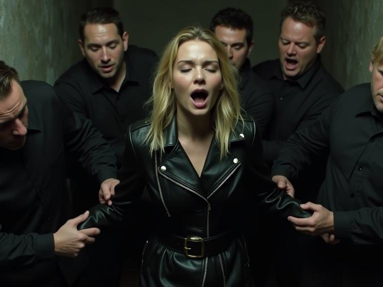 Young woman with blond hair in a black leather coat screams. Surrounded by several men holding her. Positioned in a dimly lit interior with rough walls. Focus on her expression of fear and distress. Dark colors create tension. Angled perspective emphasizes her struggle.