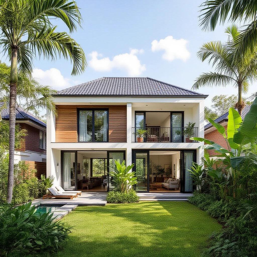 Modern home with long bricks white frames and vertical grids black tile roof in tropical garden