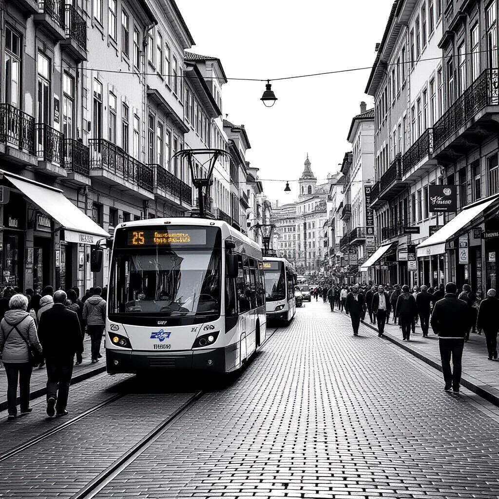 Black and white photograph of a city street with trams. The street is busy with pedestrians and shops lining both sides. Trams are stationed on the tracks, creating a sense of urban life. The composition showcases the bustling atmosphere of city transport.